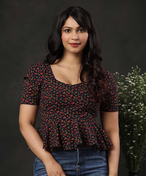 Square Neck Puff Sleeve Peplum Top